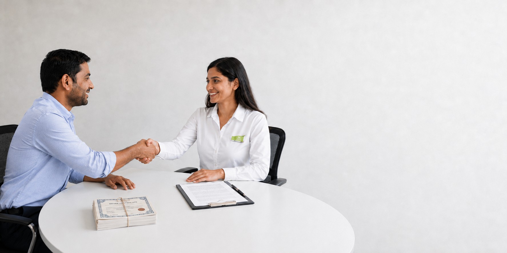 A Green Stapler advisor shaking hands with a client over share certificates